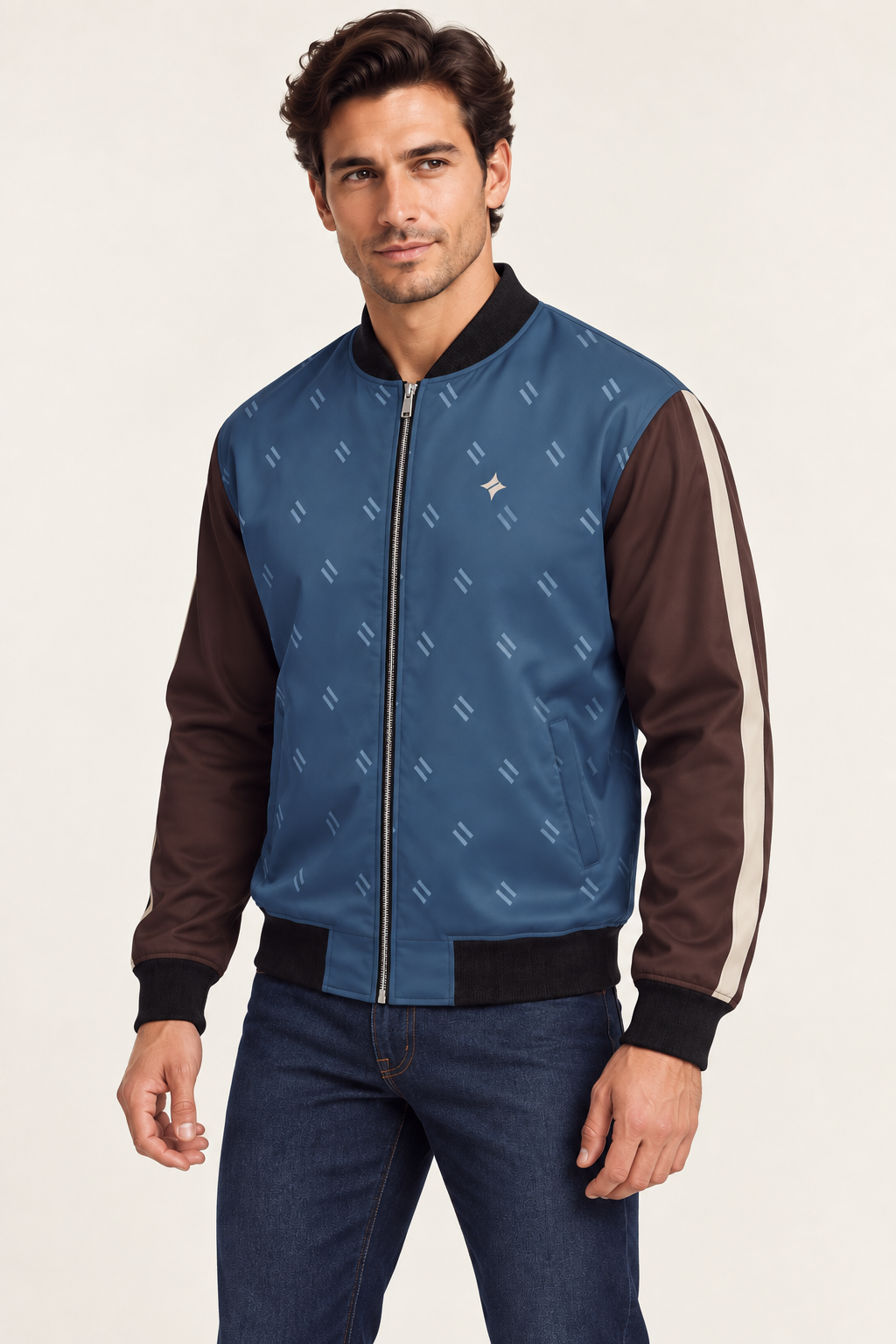 Denim Rosewood satin bomber jacket — three-quarter on-model styling illustration