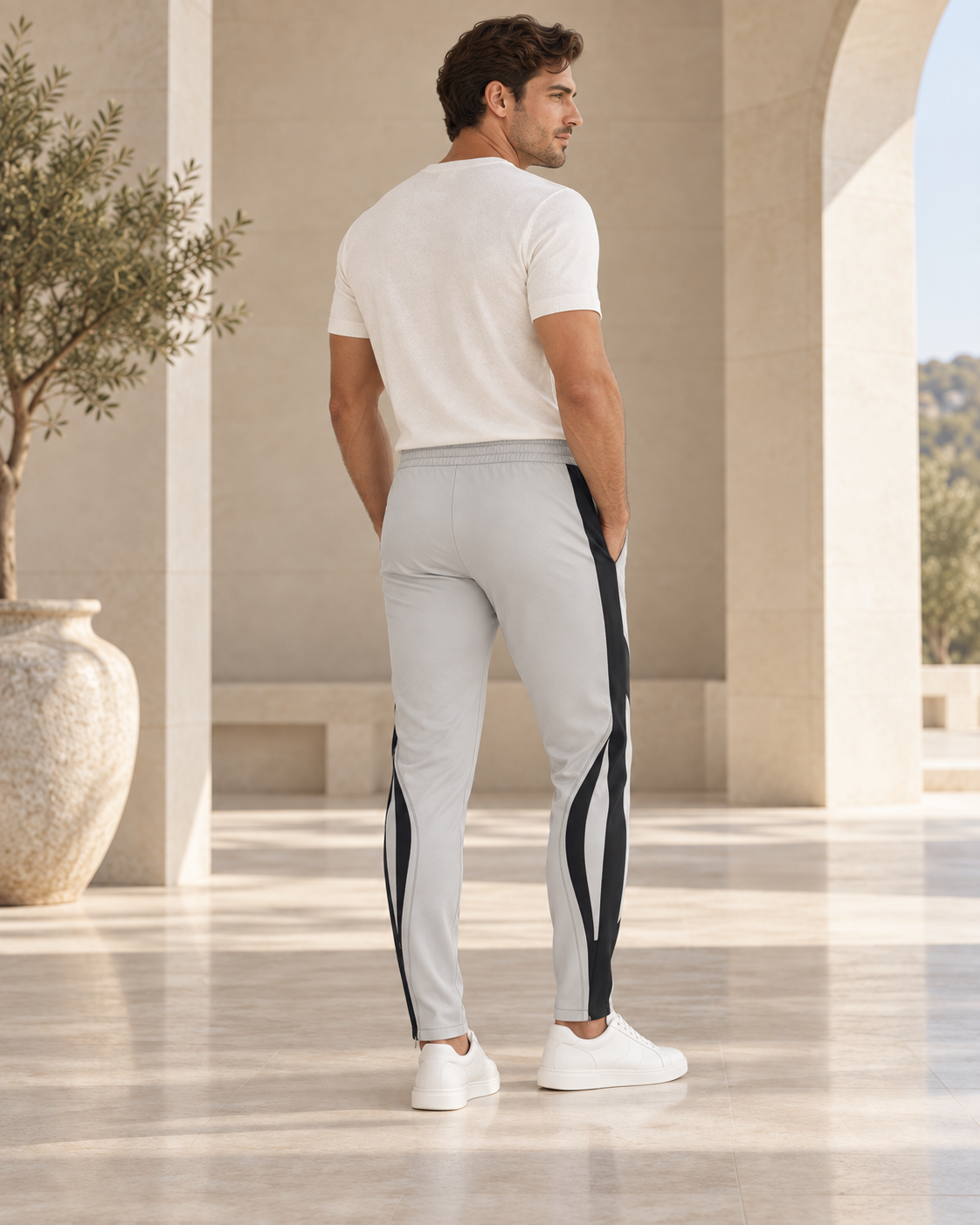 Dove Grey Luxury Rox Jersey Track Pants by UNIKCOSA — rear three-quarter model styling view