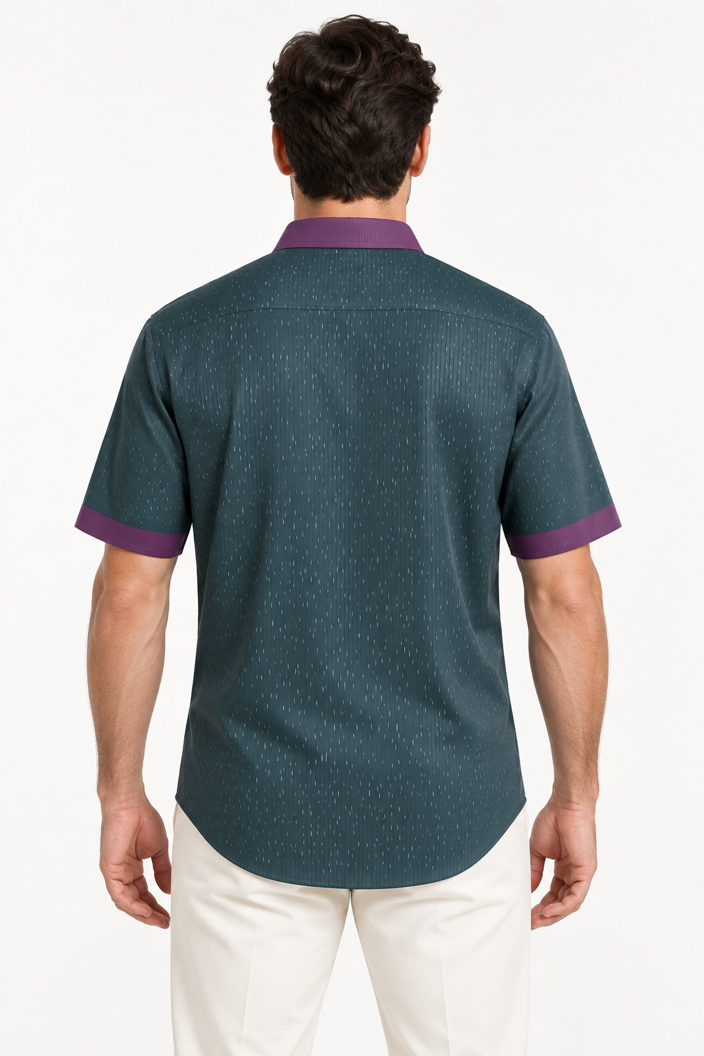 UNIKCOSA Slate Orchid silk satin shirt — back view on model; AI-generated digital styling illustration.