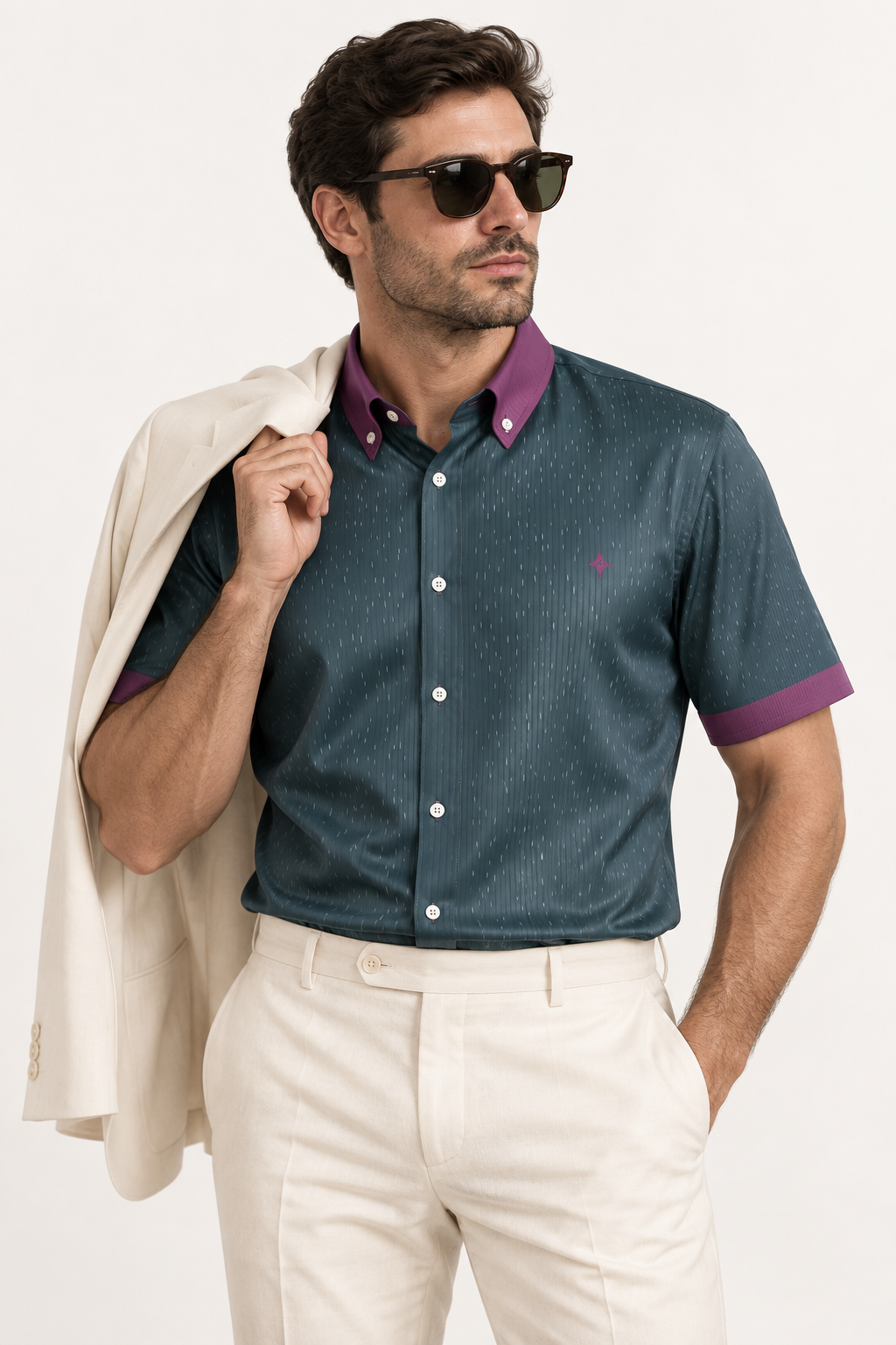 UNIKCOSA Slate Orchid silk satin shirt — tucked styling with coordinating trousers and jacket; AI-generated digital styling illustration.