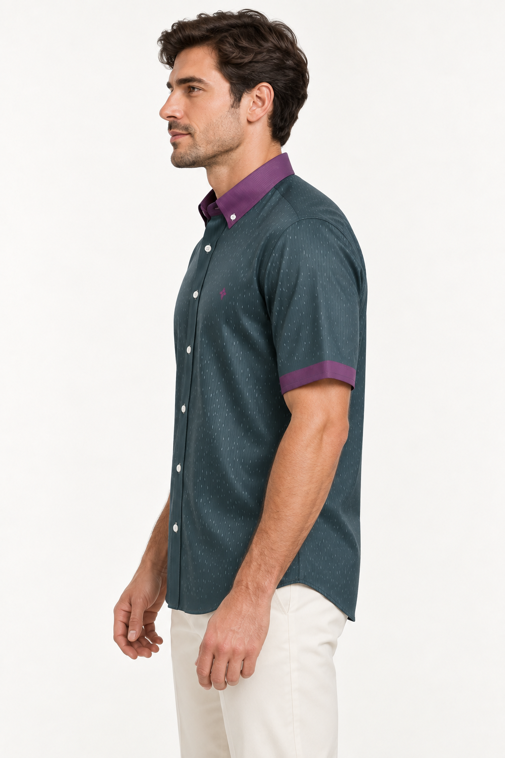 UNIKCOSA Slate Orchid silk satin shirt — side view on model; AI-generated digital styling illustration.