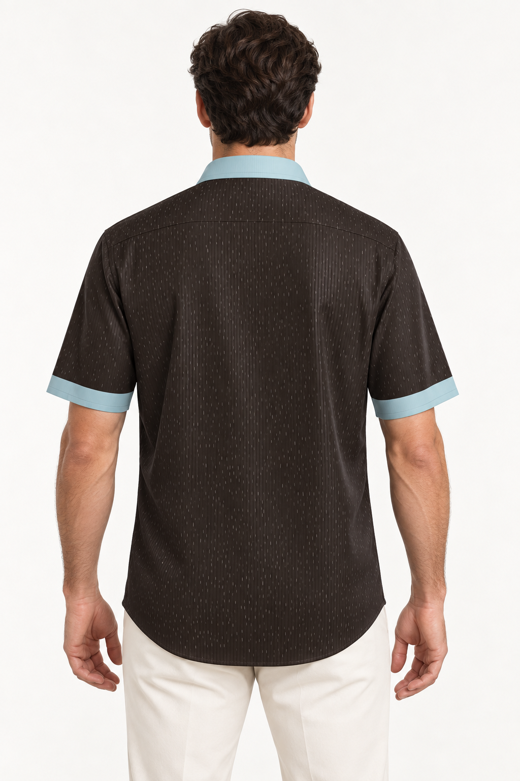 UNIKCOSA Espresso Mist silk satin shirt — back view on model; AI-generated digital styling illustration.