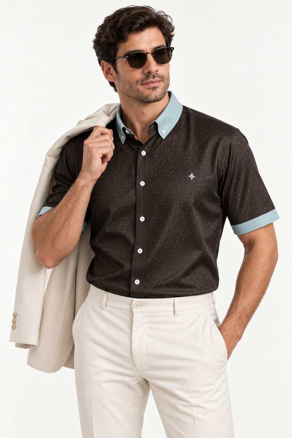 UNIKCOSA Espresso Mist silk satin shirt — tucked styling with coordinating trousers and jacket; AI-generated digital styling illustration.