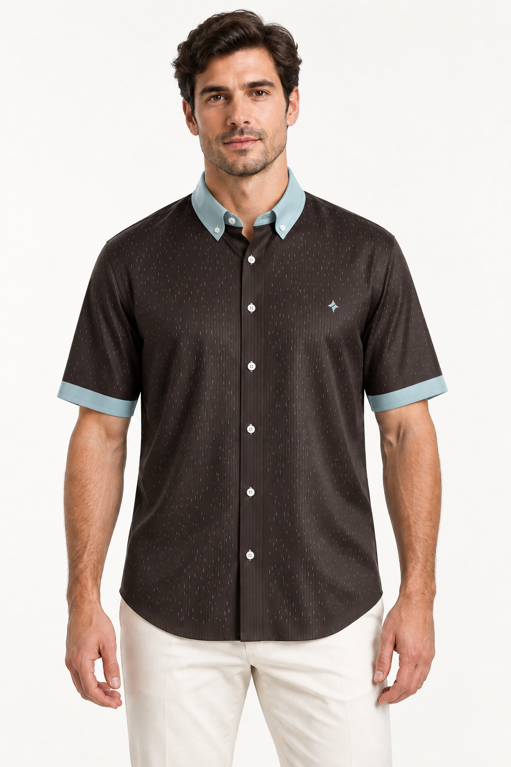 UNIKCOSA Espresso Mist silk satin shirt — front view on model; AI-generated digital styling illustration.
