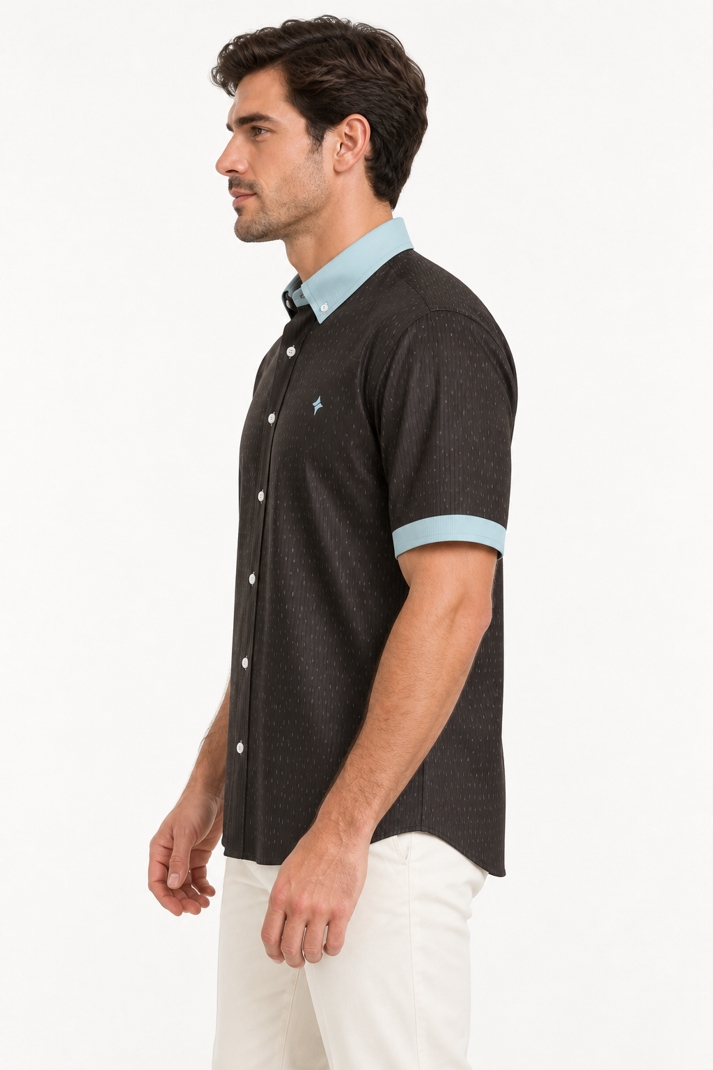 UNIKCOSA Espresso Mist silk satin shirt — side view on model; AI-generated digital styling illustration.