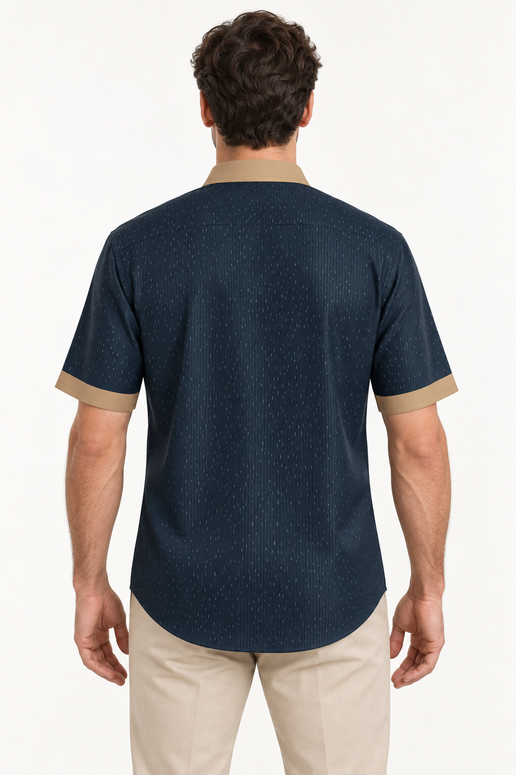 UNIKCOSA Midnight Camel silk satin shirt — back view on model; AI-generated digital styling illustration.