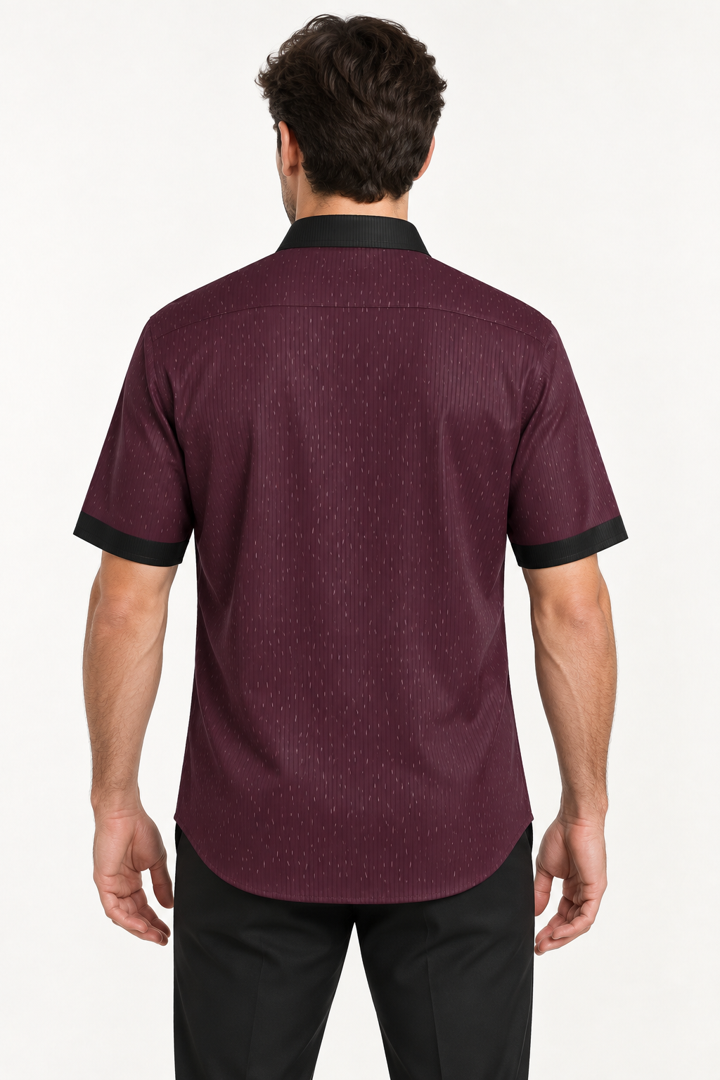 UNIKCOSA Burgundy Noir silk satin shirt — back view on model; AI-generated digital styling illustration.
