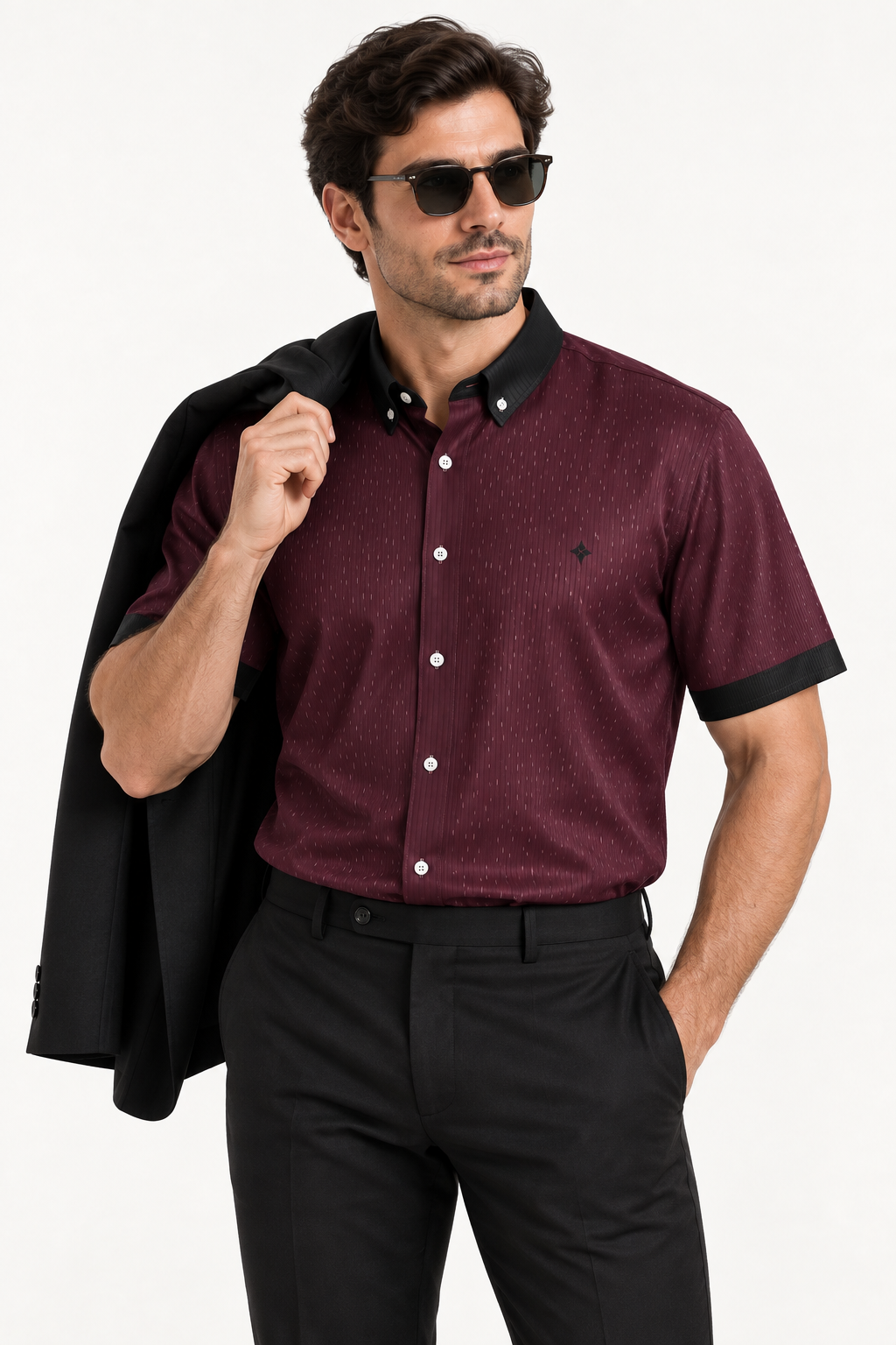 UNIKCOSA Burgundy Noir silk satin shirt — tucked styling with coordinating trousers and jacket; AI-generated digital styling illustration.