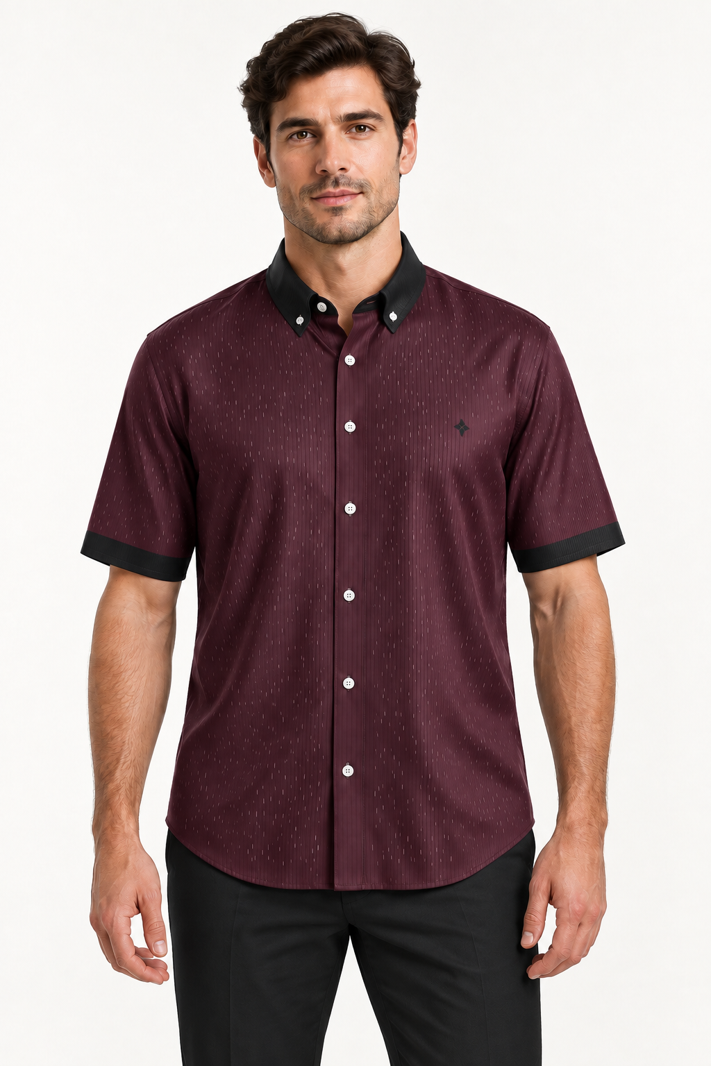 UNIKCOSA Burgundy Noir silk satin shirt — front view on model; AI-generated digital styling illustration.