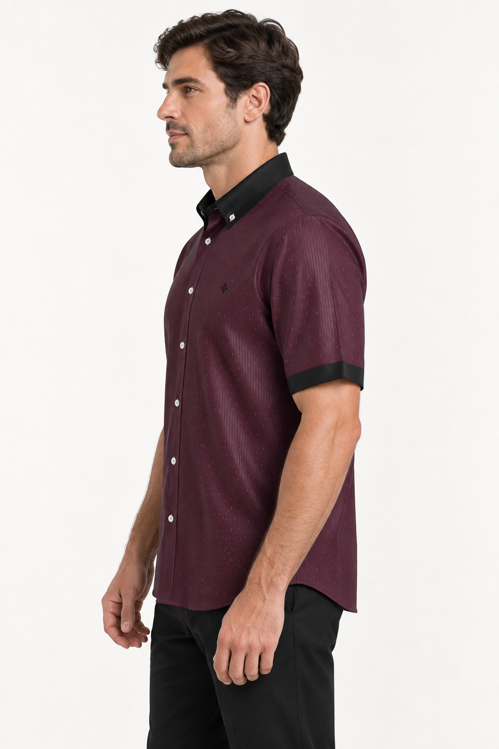 UNIKCOSA Burgundy Noir silk satin shirt — side view on model; AI-generated digital styling illustration.