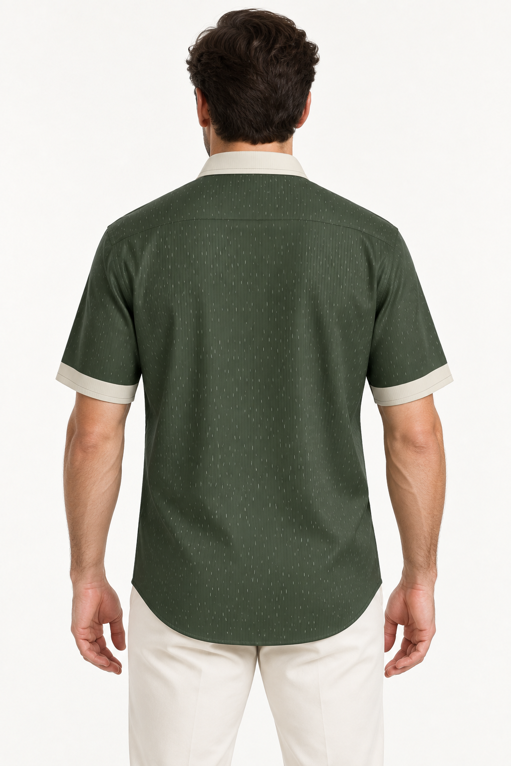 UNIKCOSA Olive Porcelain silk satin shirt — back view on model; AI-generated digital styling illustration.