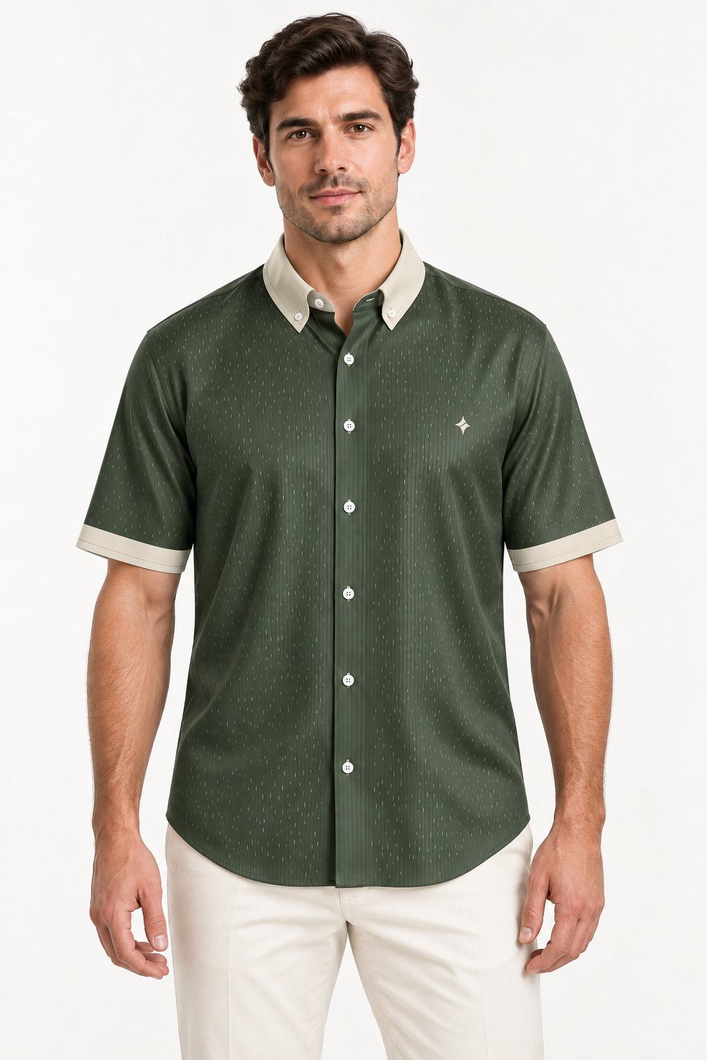 UNIKCOSA Olive Porcelain silk satin shirt — front view on model; AI-generated digital styling illustration.