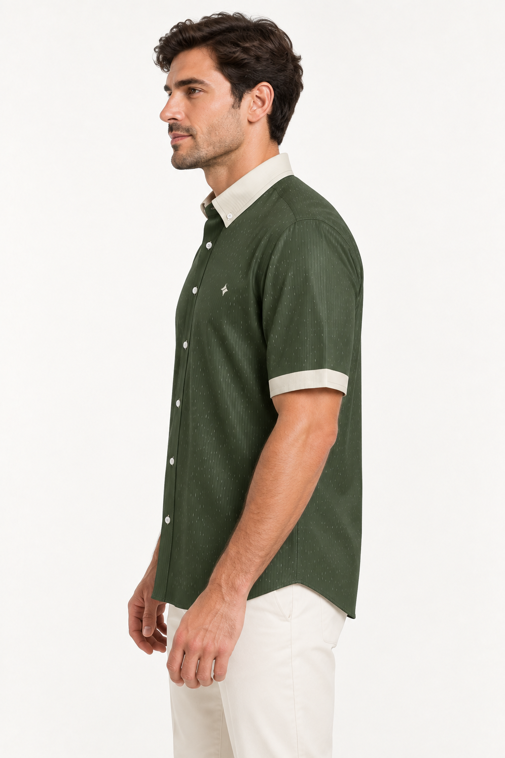 UNIKCOSA Olive Porcelain silk satin shirt — side view on model; AI-generated digital styling illustration.