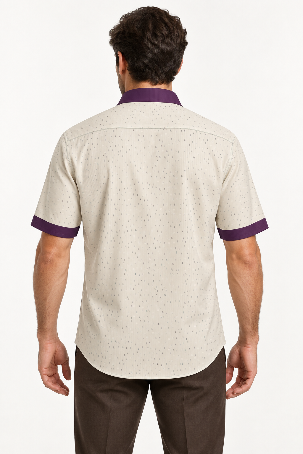 UNIKCOSA Pearl Aubergine silk satin shirt — back view on model; AI-generated digital styling illustration.