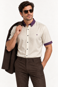 UNIKCOSA Pearl Aubergine silk satin shirt — tucked styling with coordinating trousers and jacket; AI-generated digital styling illustration.