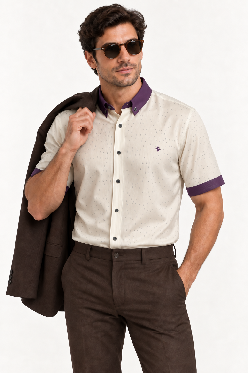 UNIKCOSA Pearl Aubergine silk satin shirt — tucked styling with coordinating trousers and jacket; AI-generated digital styling illustration.