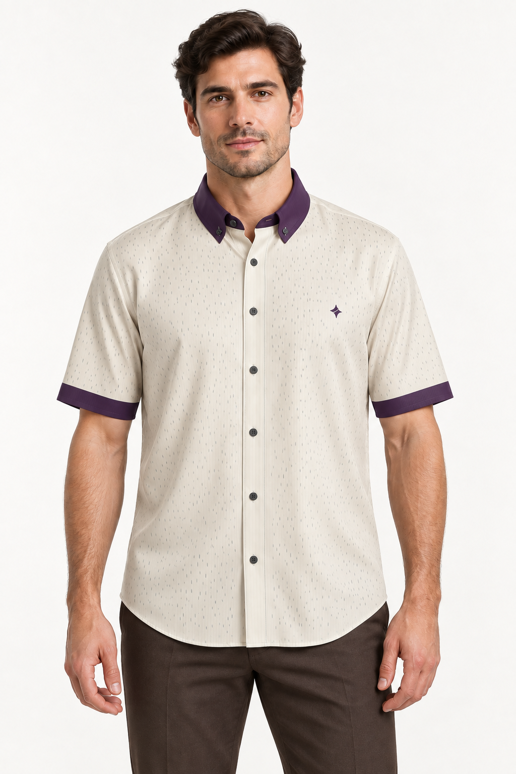 UNIKCOSA Pearl Aubergine silk satin shirt — front view on model; AI-generated digital styling illustration.