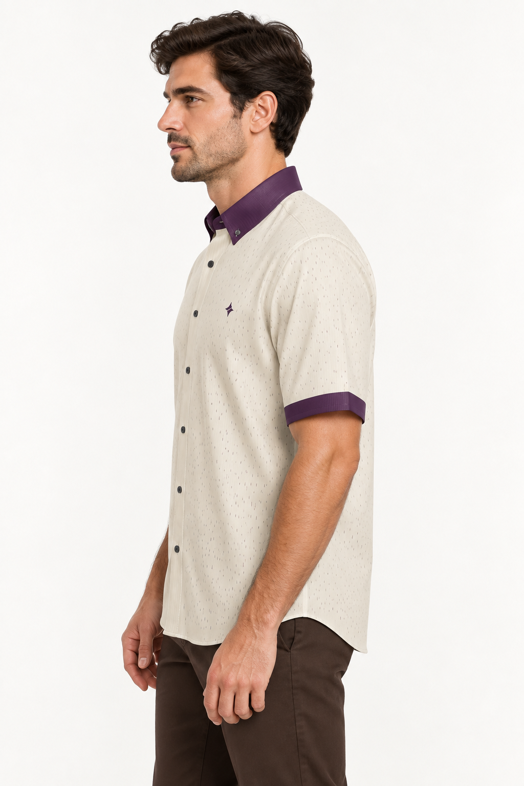 UNIKCOSA Pearl Aubergine silk satin shirt — side view on model; AI-generated digital styling illustration.