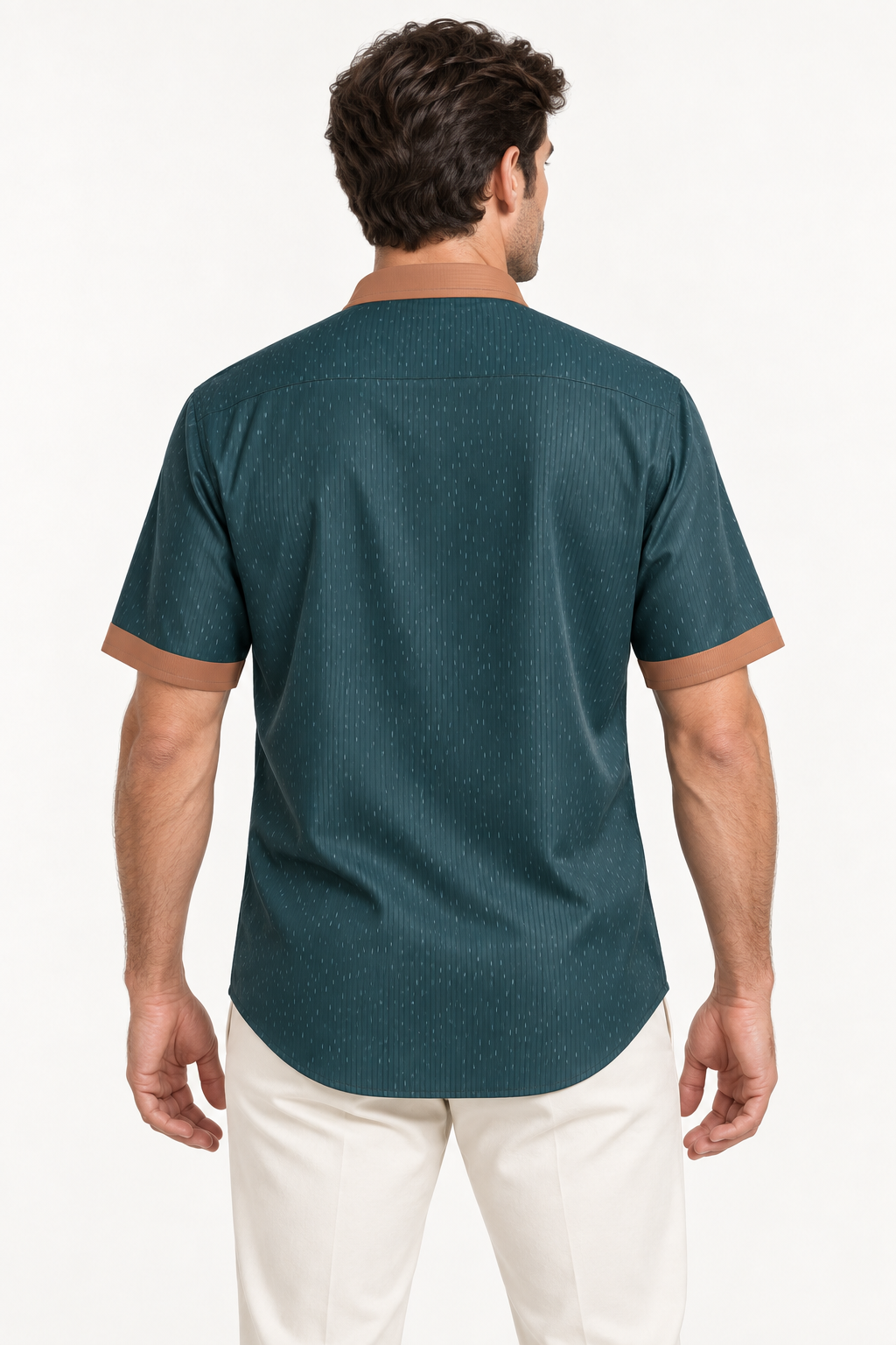 UNIKCOSA Petrol Copper silk satin button-down shirt — back AI-generated styling illustration