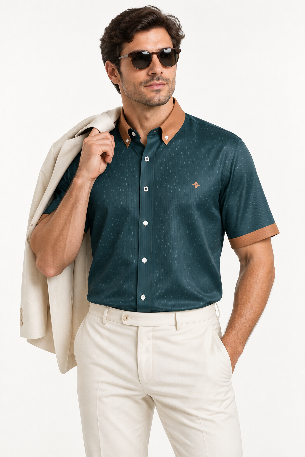 UNIKCOSA Petrol Copper silk satin button-down shirt — editorial AI-generated styling illustration
