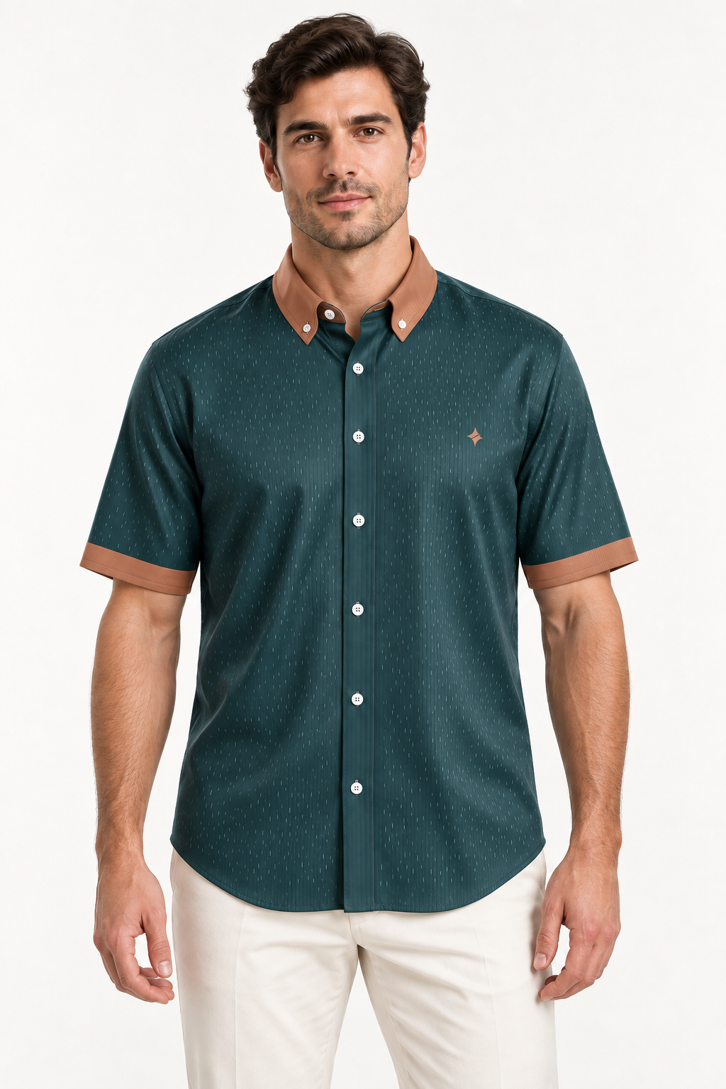 UNIKCOSA Petrol Copper silk satin button-down shirt — front AI-generated styling illustration