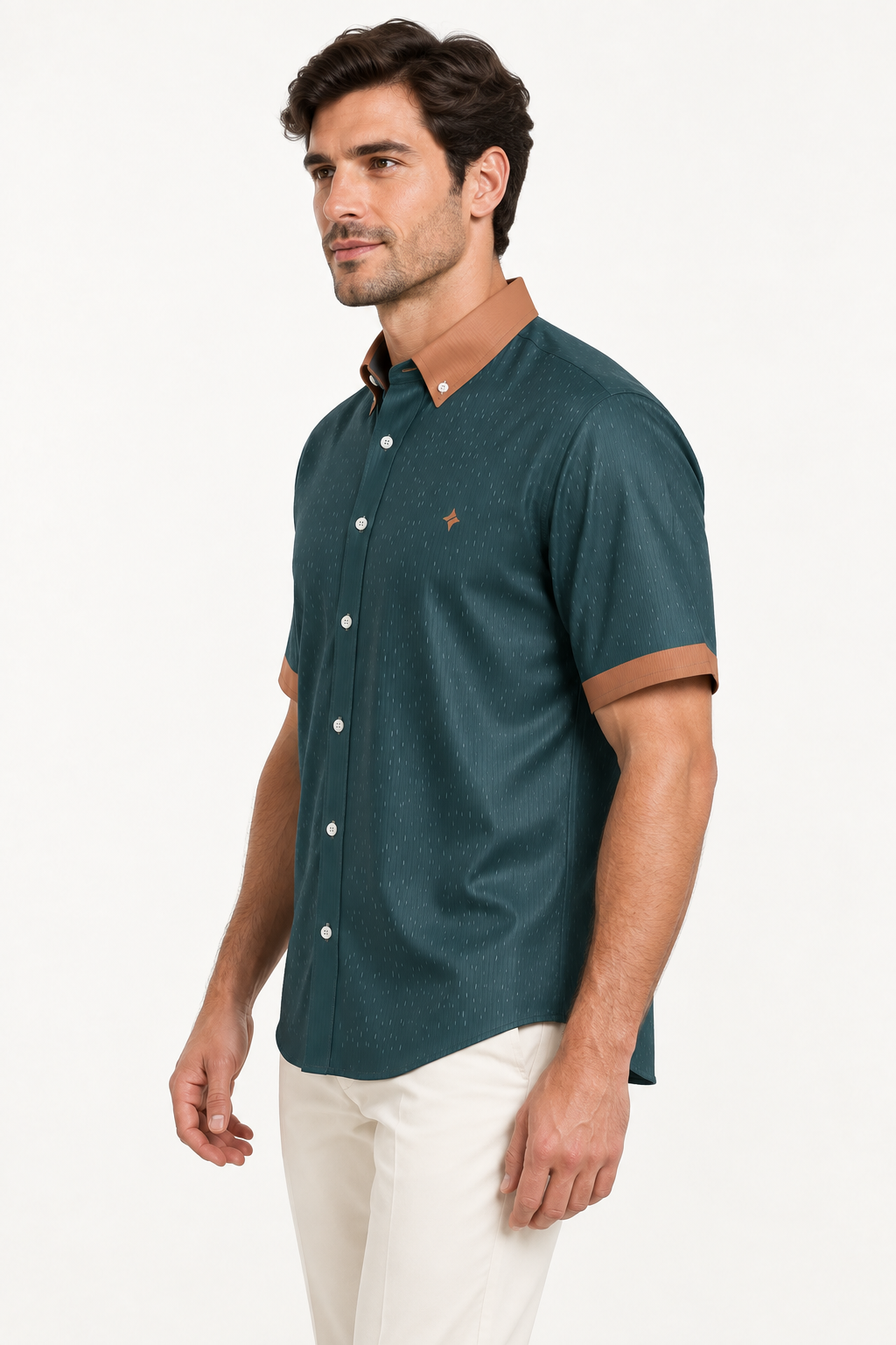 UNIKCOSA Petrol Copper silk satin button-down shirt — side AI-generated styling illustration