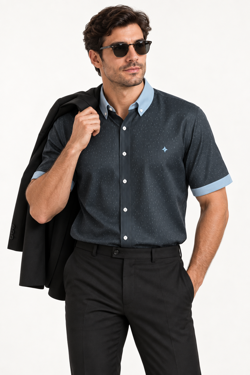 UNIKCOSA Graphite Ice silk satin button-down shirt — editorial AI-generated styling illustration