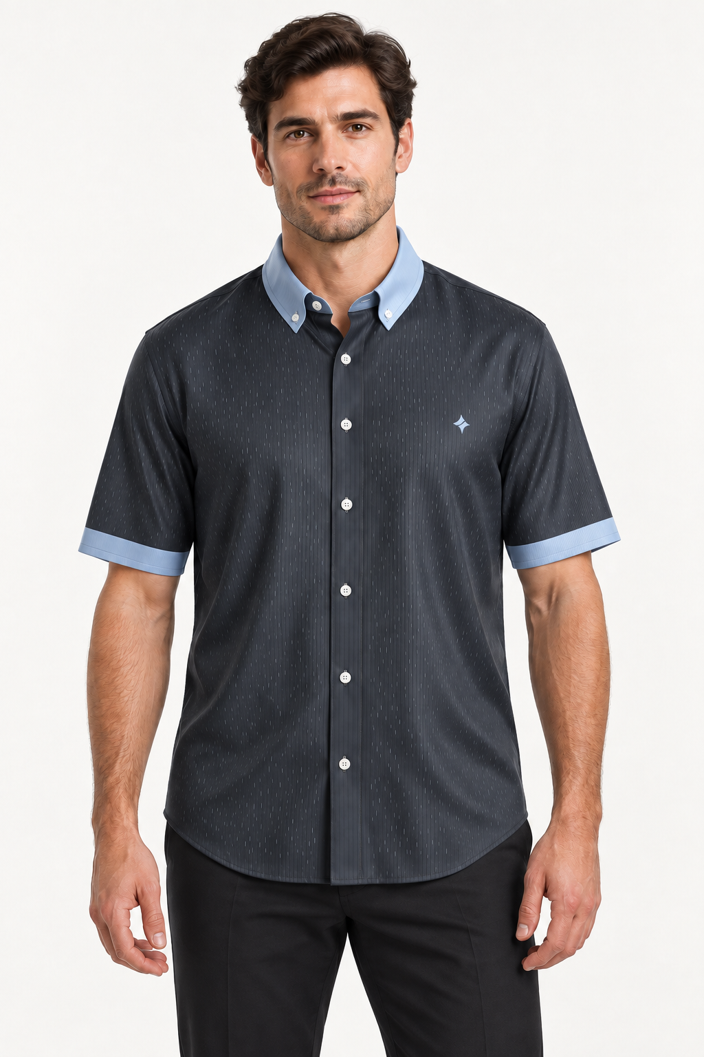 UNIKCOSA Graphite Ice silk satin button-down shirt — front AI-generated styling illustration