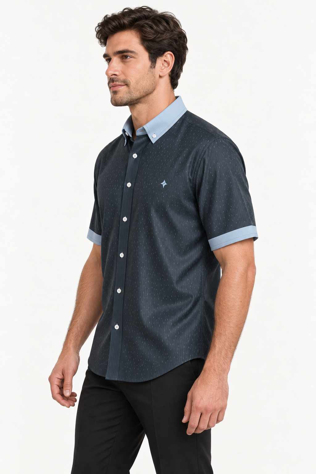 UNIKCOSA Graphite Ice silk satin button-down shirt — side AI-generated styling illustration