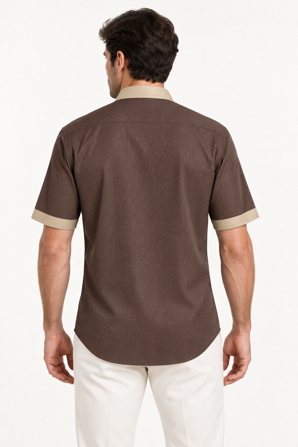 UNIKCOSA Mocha Champagne silk satin button-down shirt — back AI-generated styling illustration