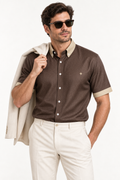 UNIKCOSA Mocha Champagne silk satin button-down shirt — editorial AI-generated styling illustration