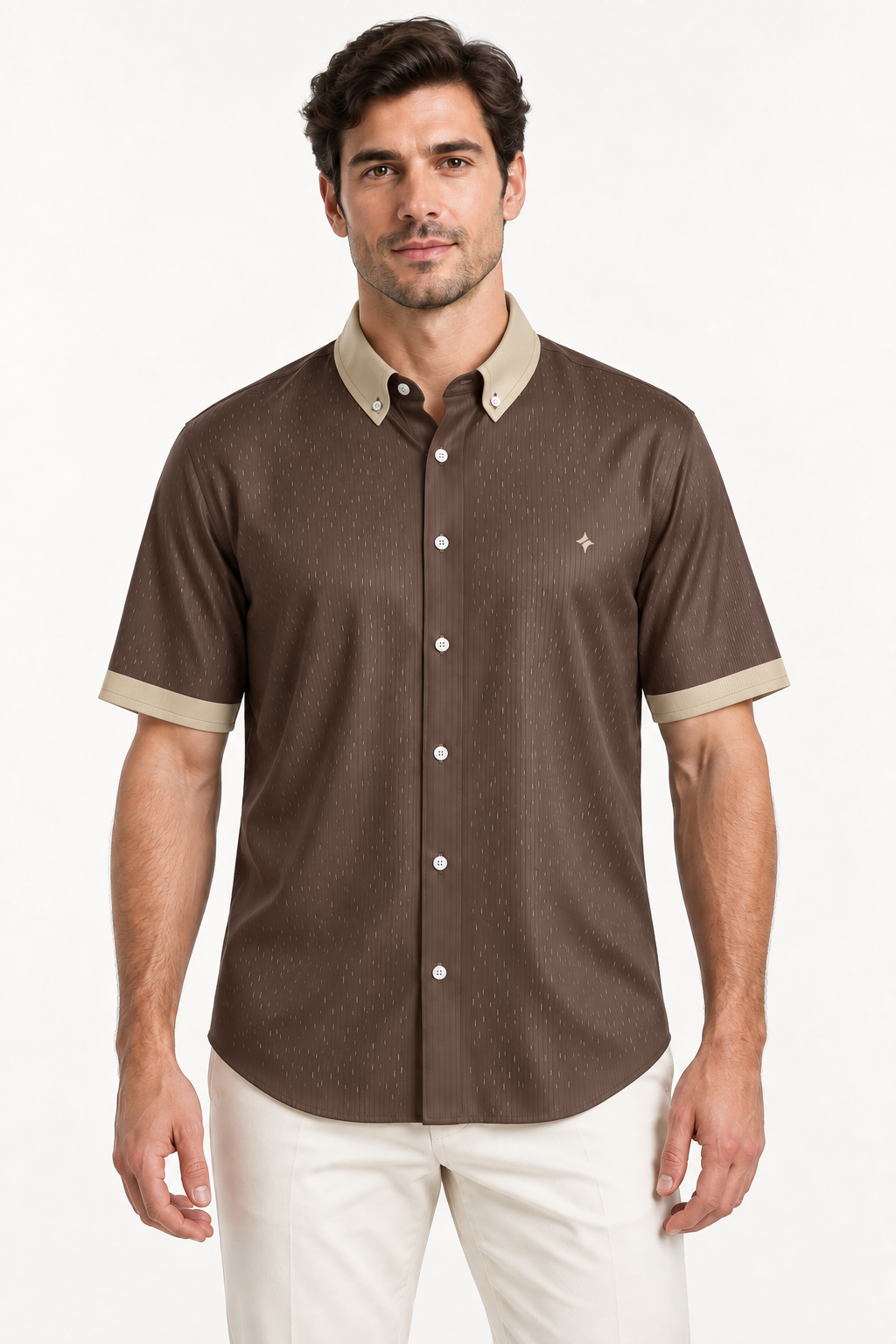 UNIKCOSA Mocha Champagne silk satin button-down shirt — front AI-generated styling illustration