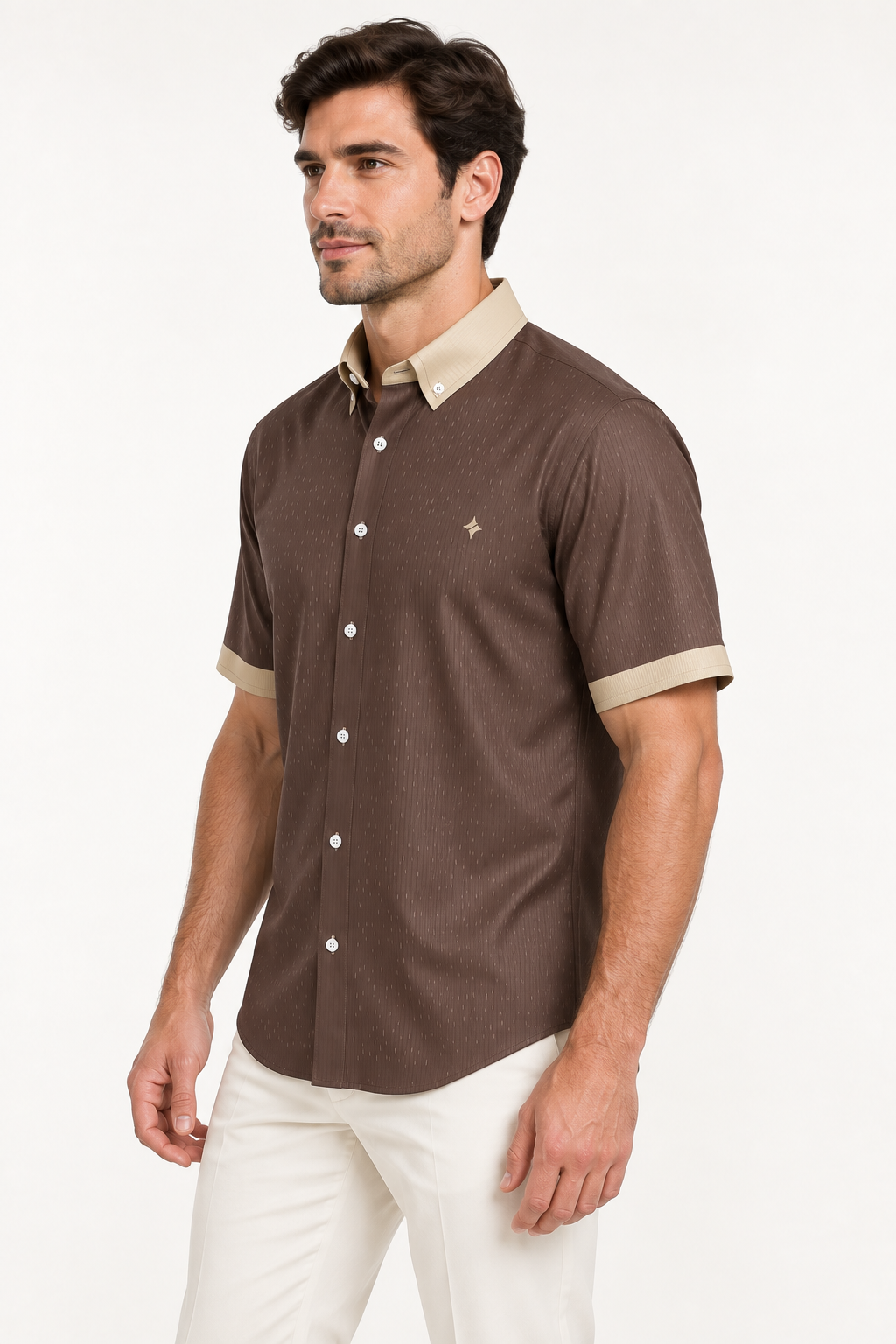 UNIKCOSA Mocha Champagne silk satin button-down shirt — side AI-generated styling illustration