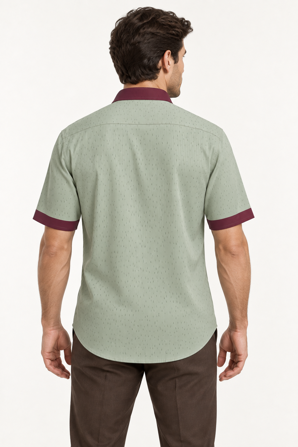 UNIKCOSA Sage Bordeaux silk satin button-down shirt — back AI-generated styling illustration