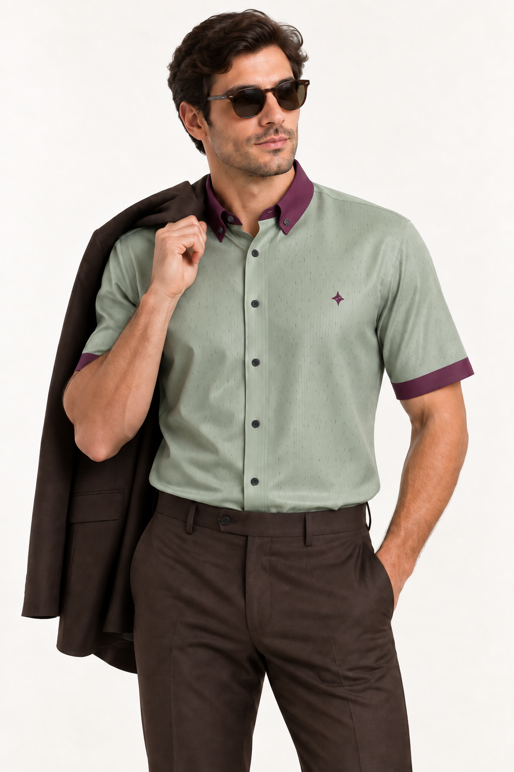 UNIKCOSA Sage Bordeaux silk satin button-down shirt — editorial AI-generated styling illustration