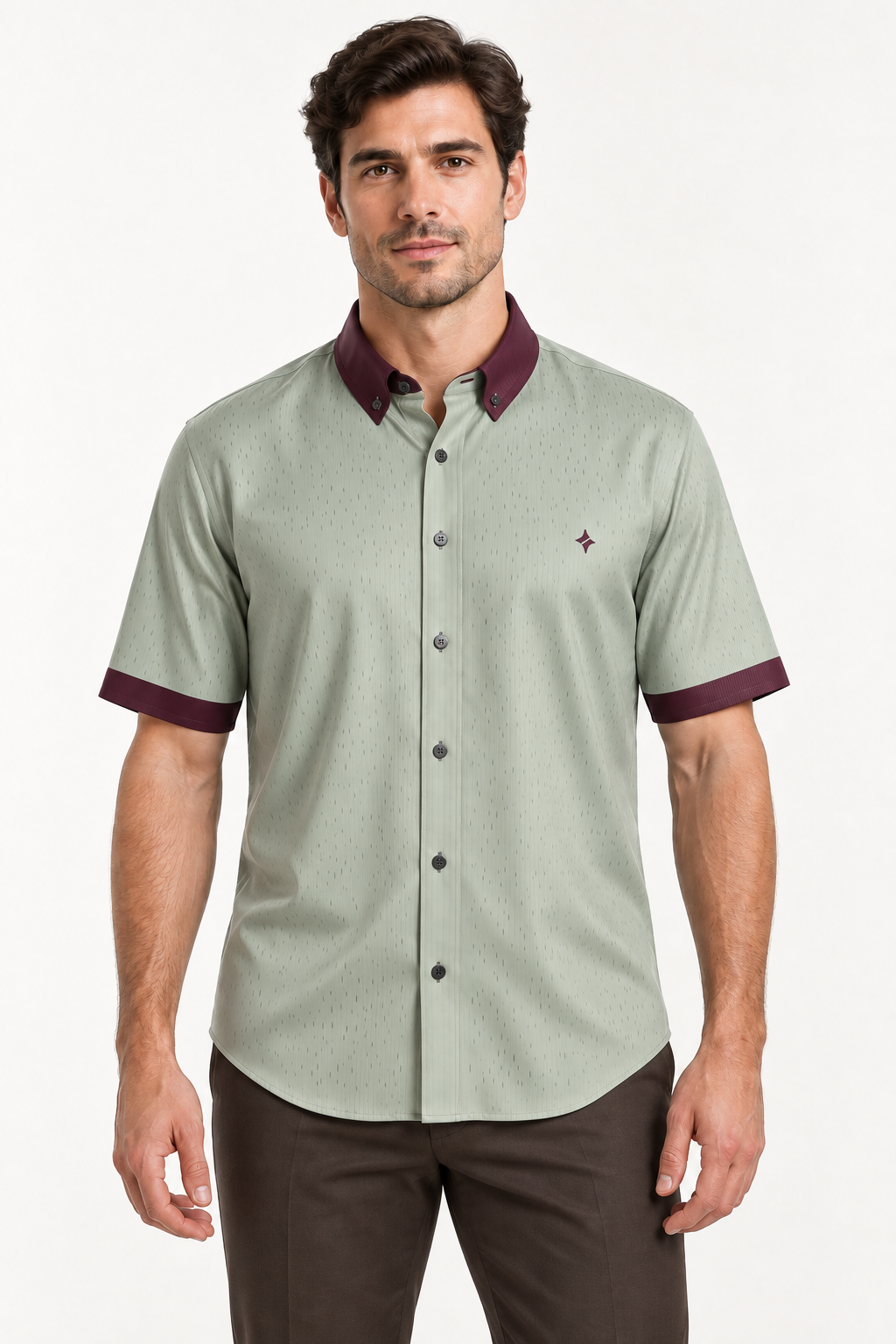 UNIKCOSA Sage Bordeaux silk satin button-down shirt — front AI-generated styling illustration