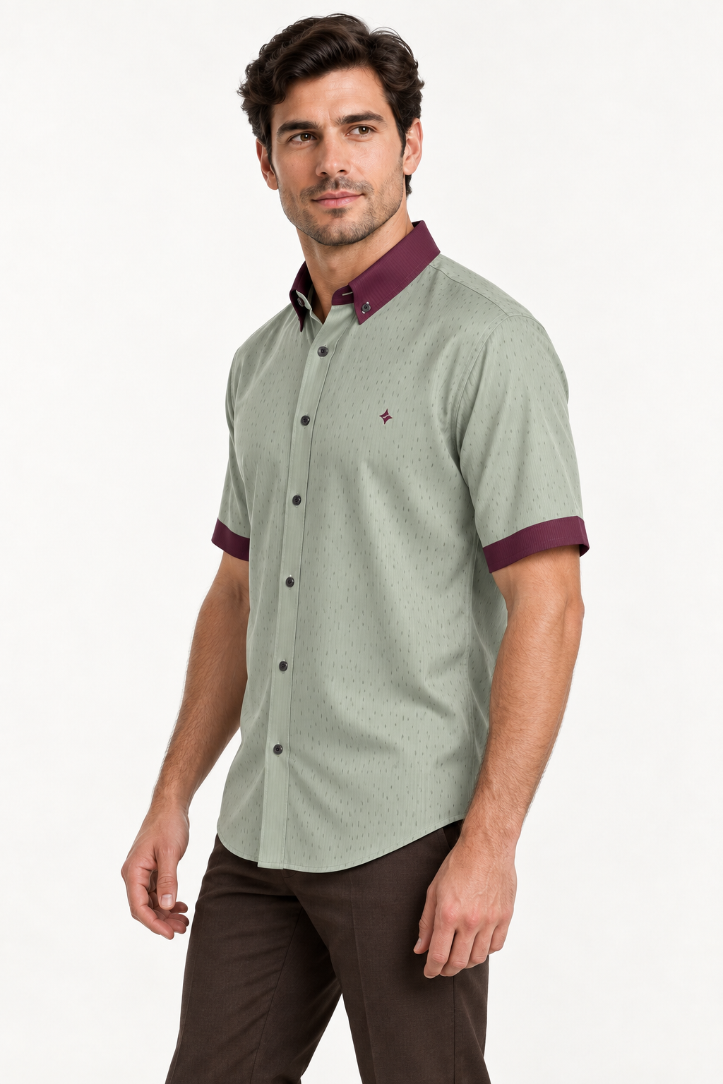 UNIKCOSA Sage Bordeaux silk satin button-down shirt — side AI-generated styling illustration