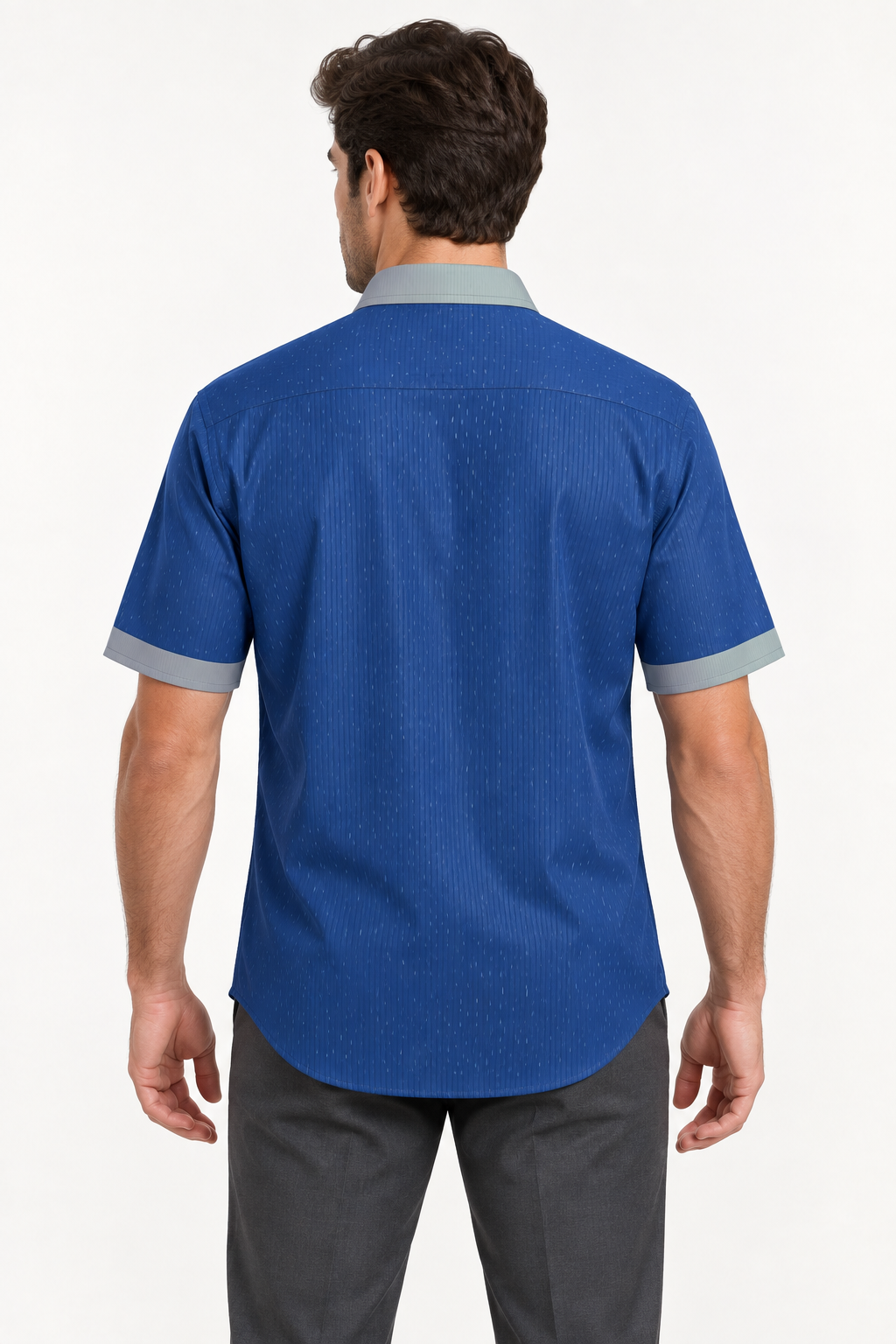 UNIKCOSA Cobalt Smoke silk satin button-down shirt — back AI-generated styling illustration