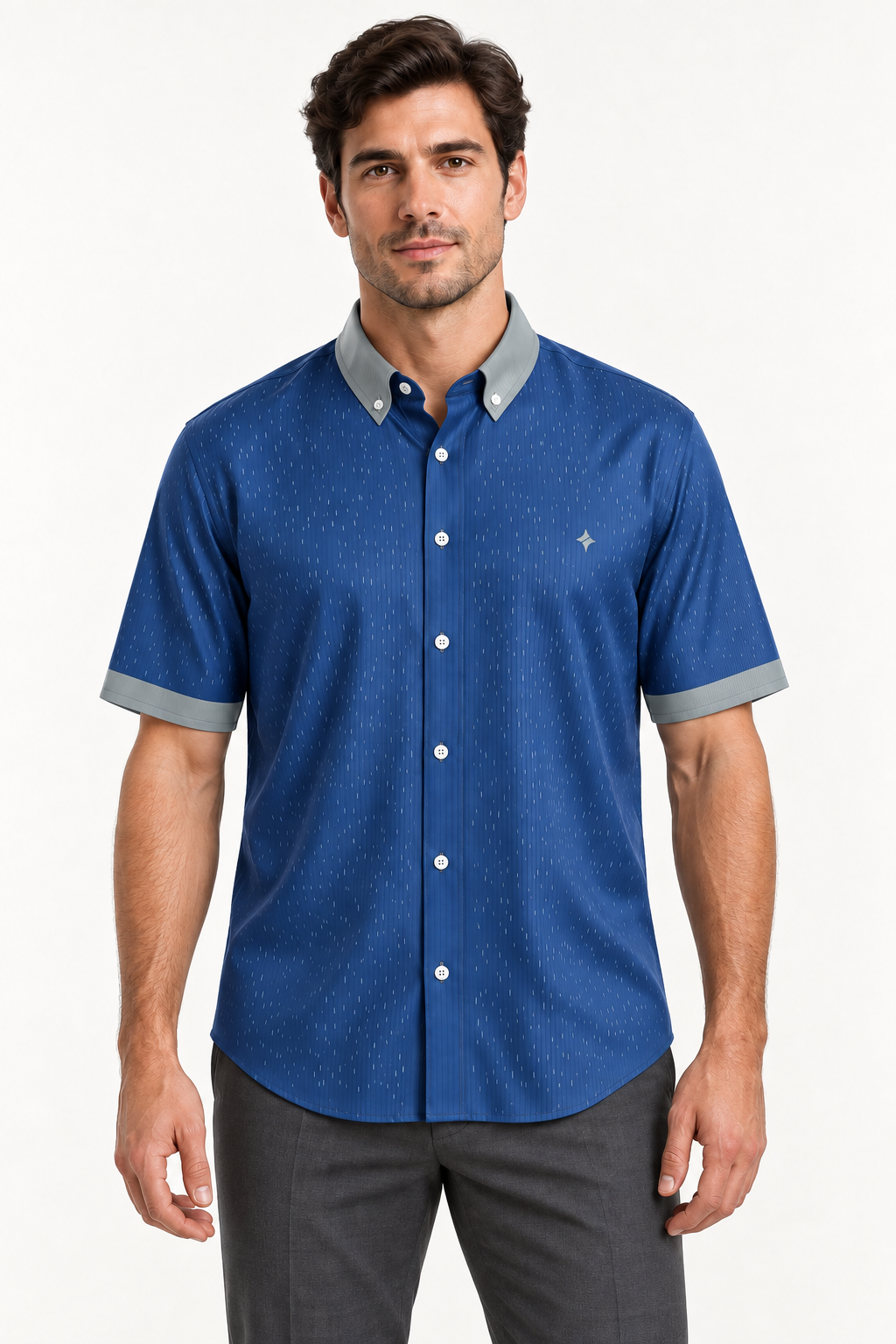 UNIKCOSA Cobalt Smoke silk satin button-down shirt — front AI-generated styling illustration
