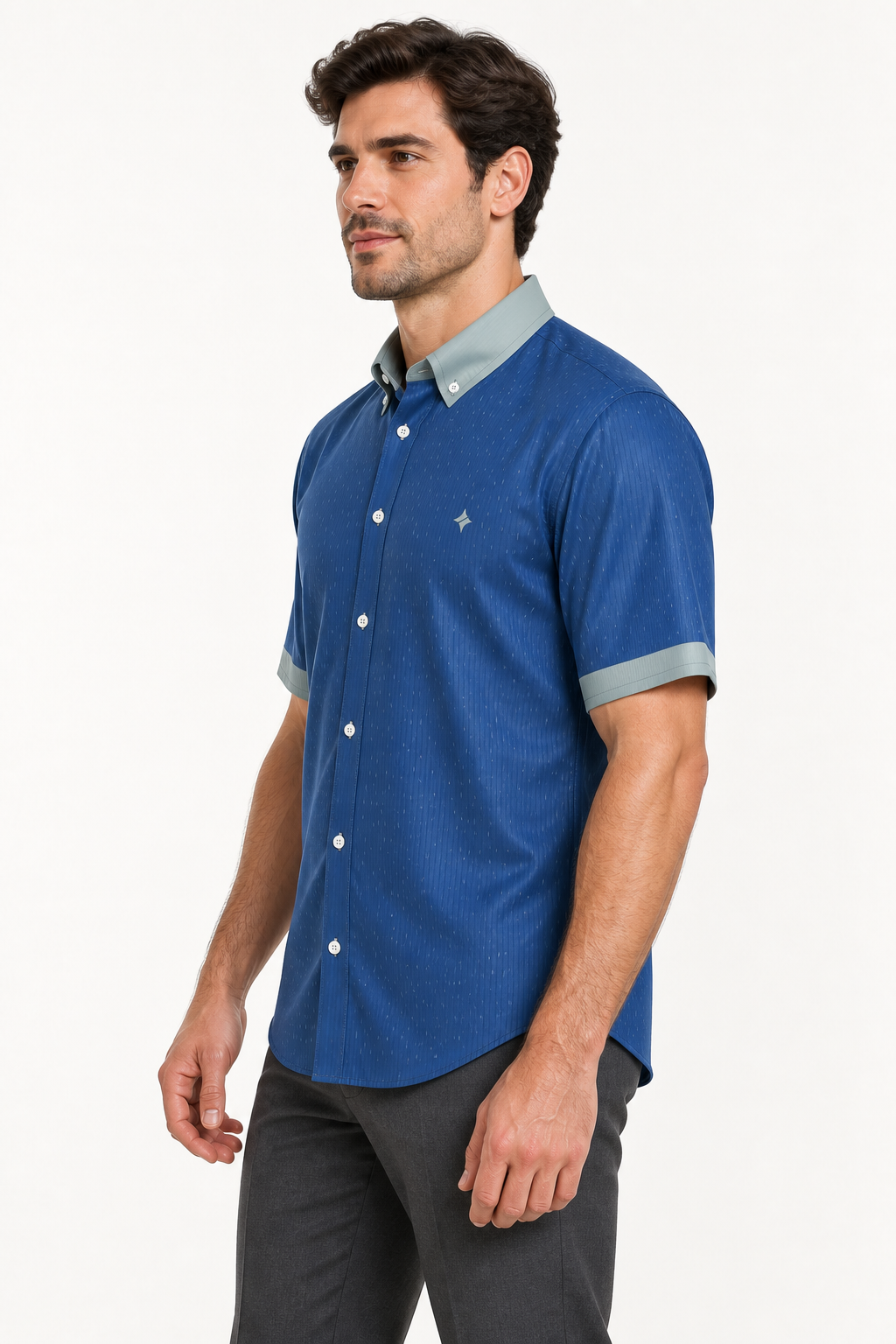 UNIKCOSA Cobalt Smoke silk satin button-down shirt — side AI-generated styling illustration