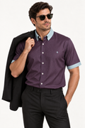 UNIKCOSA Plum Glacier silk satin button-down shirt — editorial AI-generated styling illustration