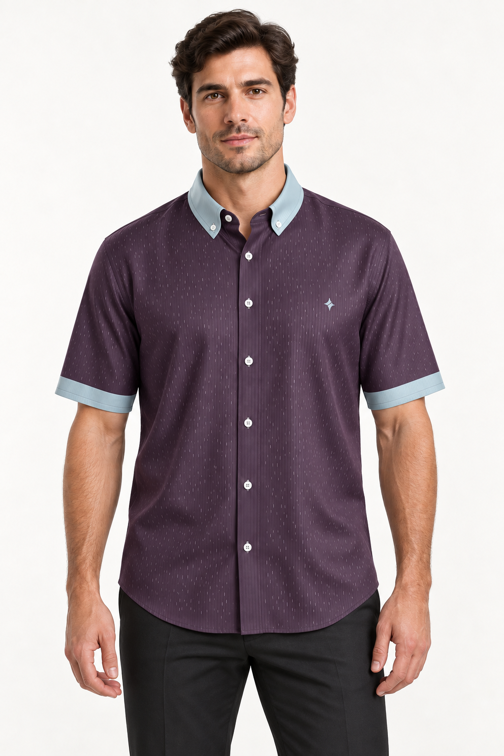 UNIKCOSA Plum Glacier silk satin button-down shirt — front AI-generated styling illustration