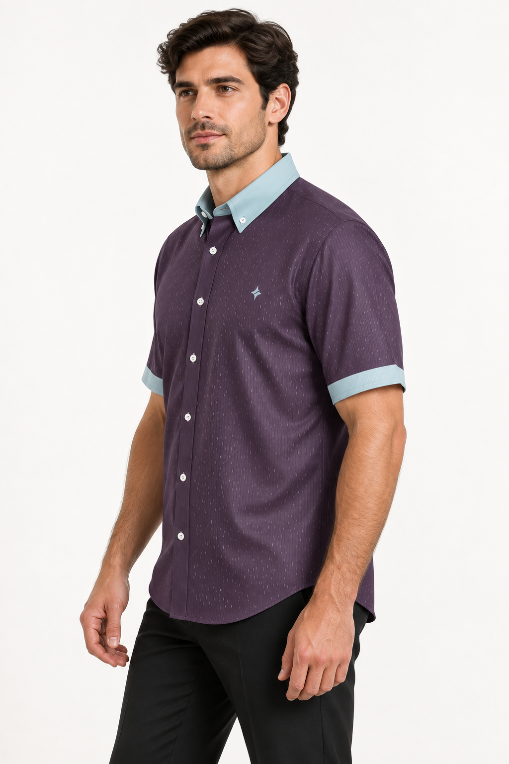 UNIKCOSA Plum Glacier silk satin button-down shirt — side AI-generated styling illustration