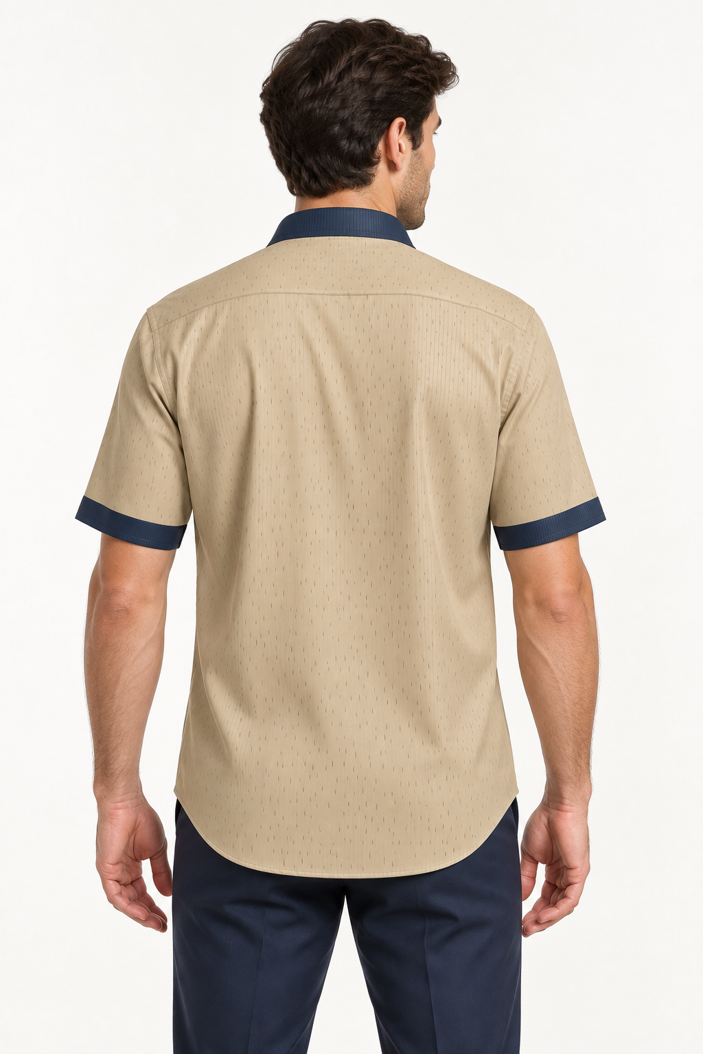 UNIKCOSA Sand Marine silk satin button-down shirt — back AI-generated styling illustration