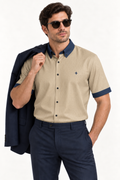 UNIKCOSA Sand Marine silk satin button-down shirt — editorial AI-generated styling illustration