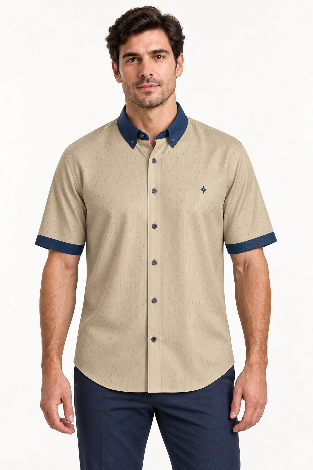 UNIKCOSA Sand Marine silk satin button-down shirt — front AI-generated styling illustration