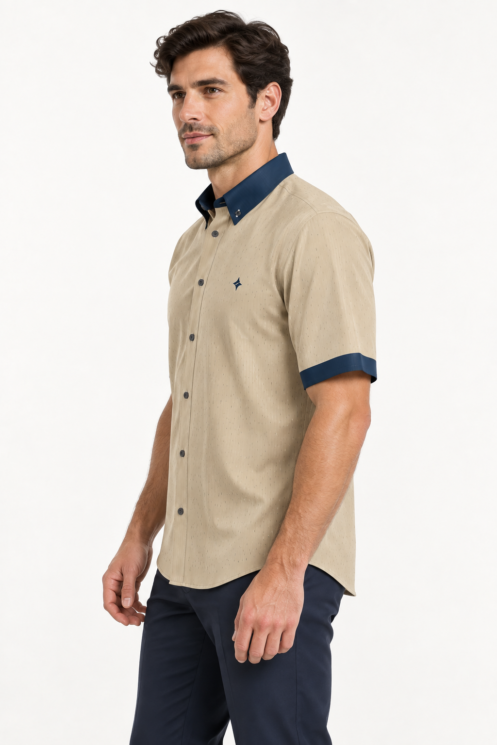 UNIKCOSA Sand Marine silk satin button-down shirt — side AI-generated styling illustration