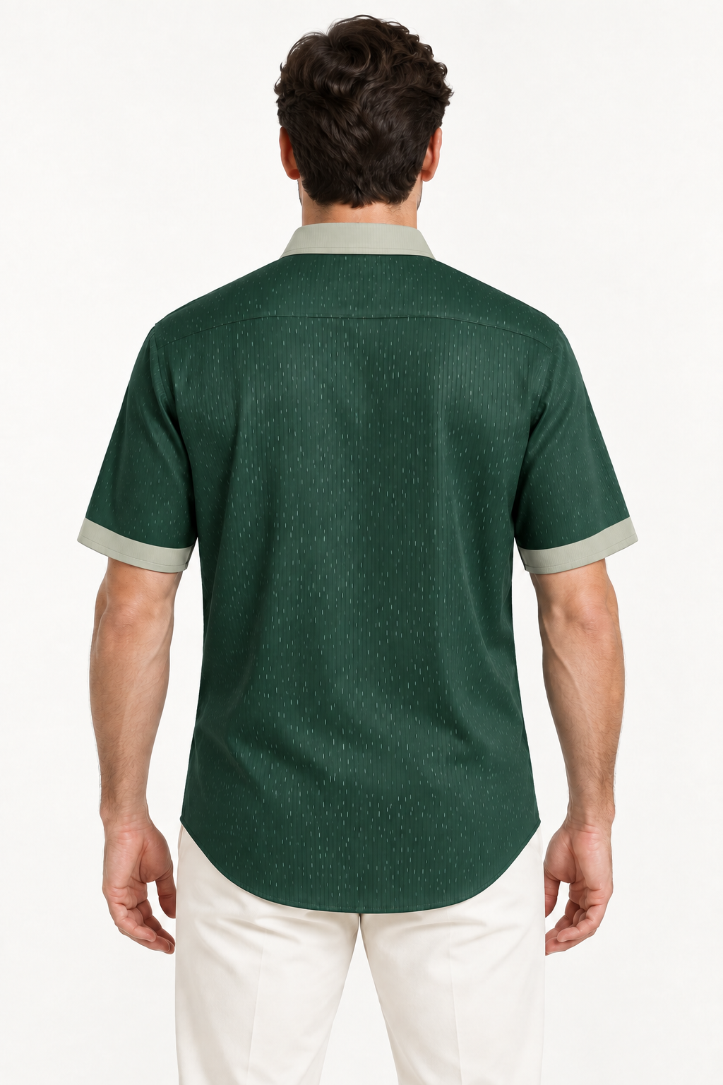 UNIKCOSA Forest Oyster 100% Silk Satin Button-Down Shirt, back view; AI-generated model illustration.