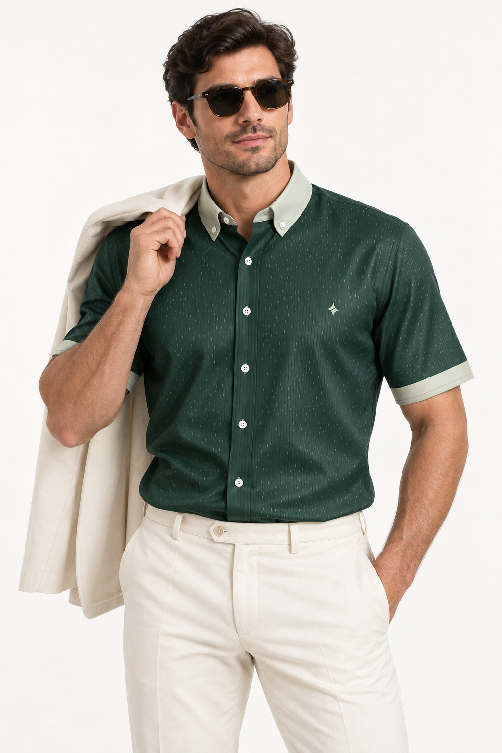 UNIKCOSA Forest Oyster — 100% Silk Satin Button-Down Shirt, tucked styling with coordinated trousers and jacket; AI-generated model illustration.