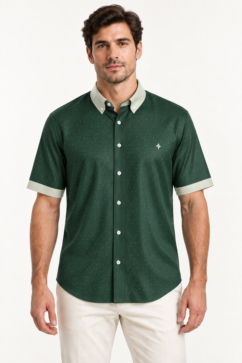 UNIKCOSA Forest Oyster — 100% Silk Satin Button-Down Shirt, front view; AI-generated model illustration.